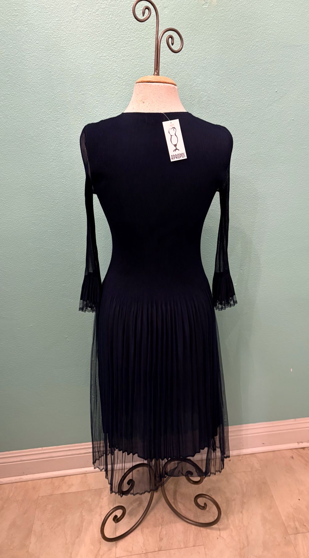Long V-Neck Mesh Overlay DRESS-NAVY-JOURNEY