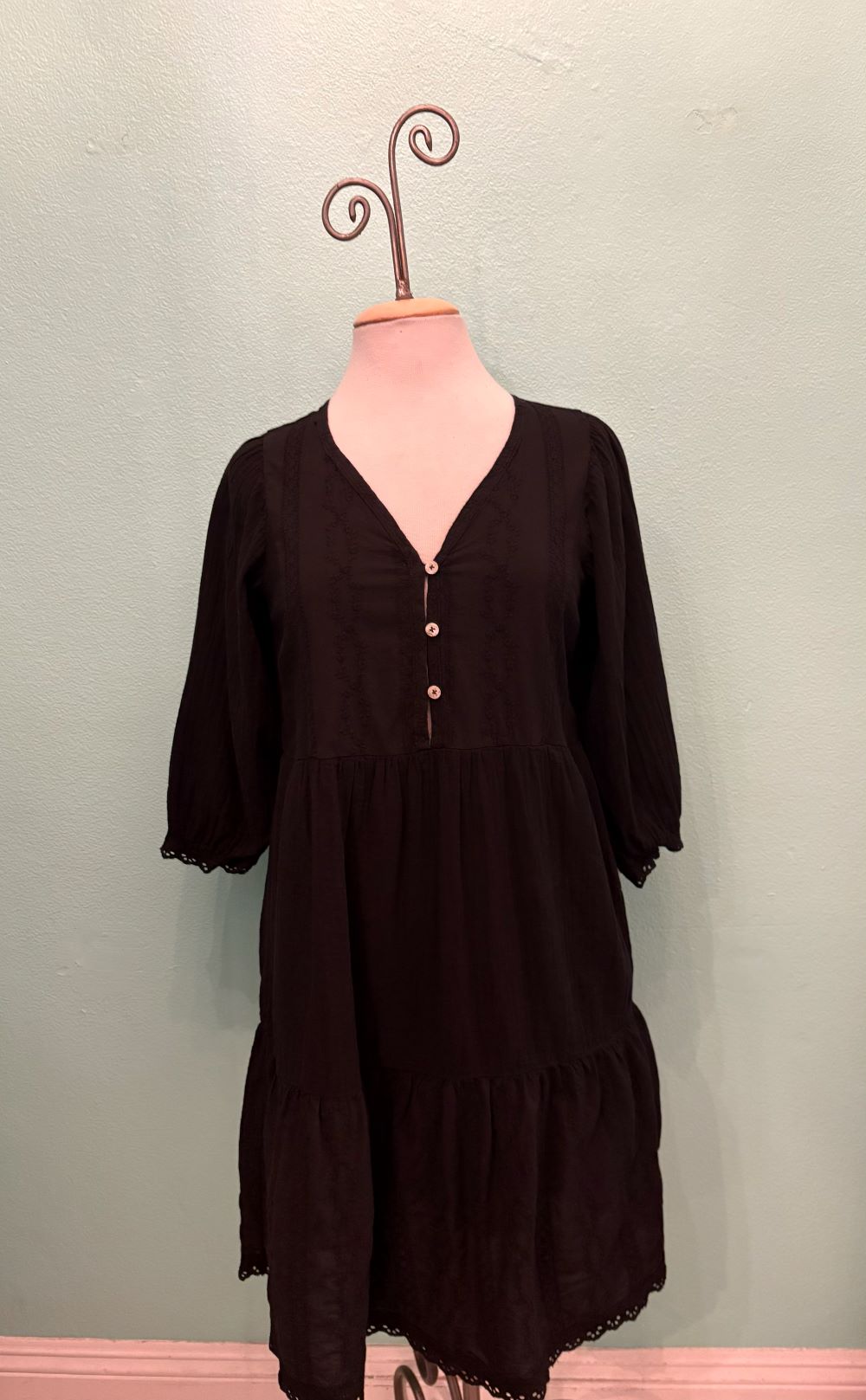 3/4 SLEEVE BOHO TIERED DRESS-BLACK-MODODOC X-LARGE / Black