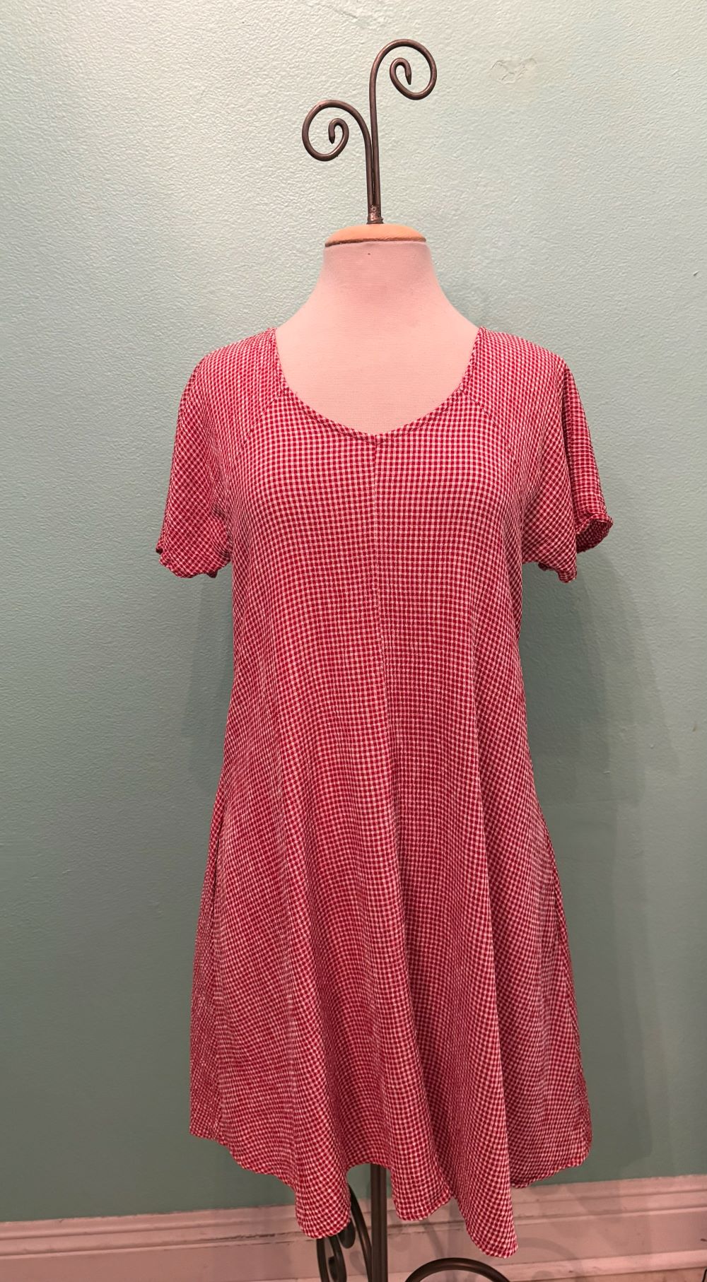 CRINKLE CHECK V-NECK SWING DRESS-CHERRY-CUT LOOSE X-LARGE / CHERRY