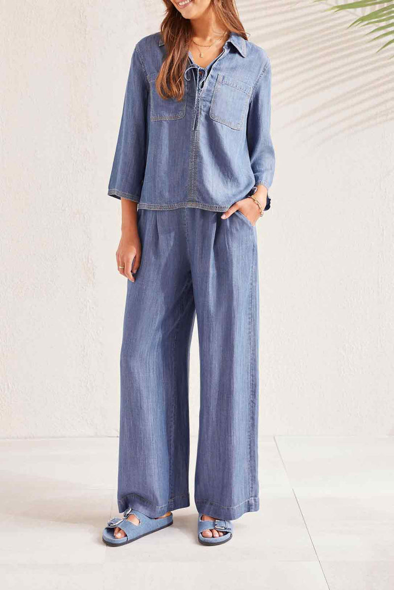 FLOWY PULL ON WIDE LEG PANT/POCKETS-DK. CHAMBRAY-TRIBAL