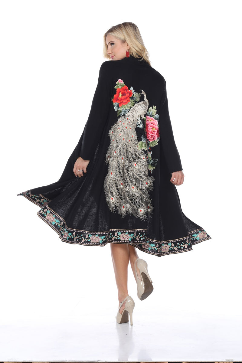 PEACOCK EMBROIDERED KNIT SWING COAT