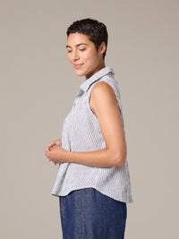 SLEEVELESS SHIRT STRIPE W/COLLAR-WHITE-CUT LOOSE