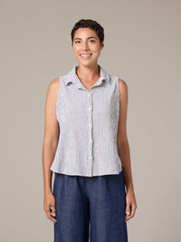 SLEEVELESS SHIRT STRIPE W/COLLAR-WHITE-CUT LOOSE