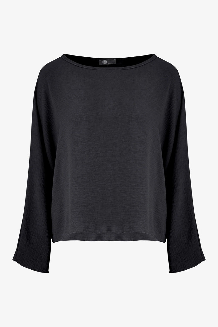 BOATNECK LONG SLEEVE WOVEN BLOUSE-BLACK-M MADE IN ITALY