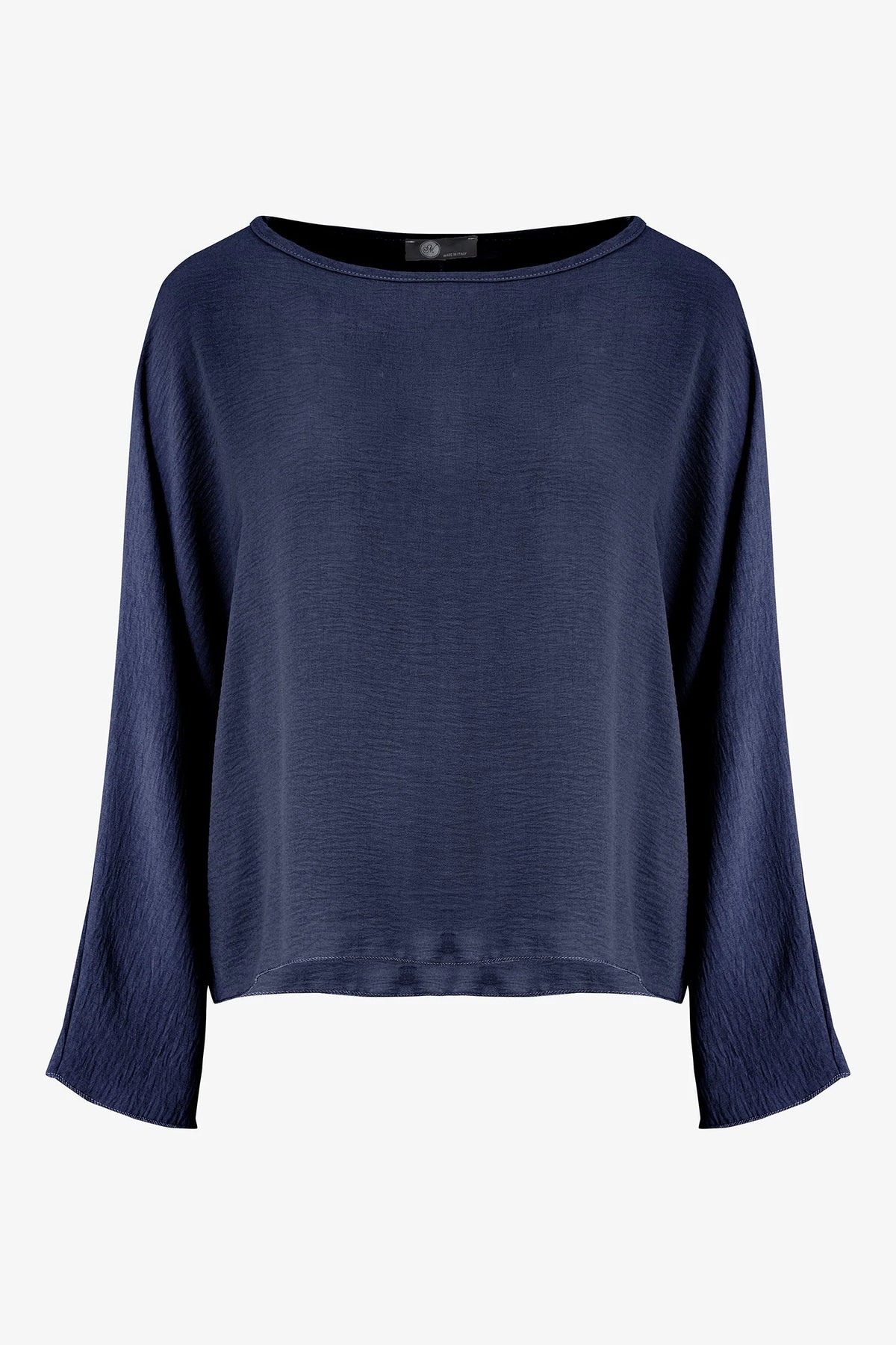 BOATNECK LONG SLEEVE WOVEN BLOUSE-NAVY-M MADE IN ITALY