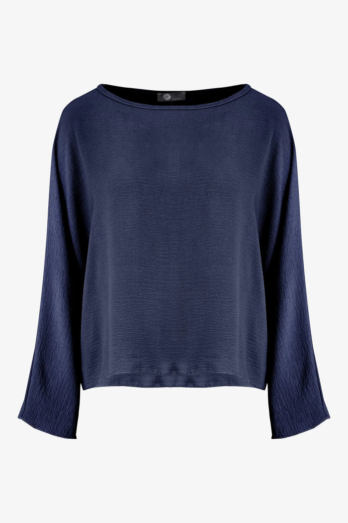 BOATNECK LONG SLEEVE WOVEN BLOUSE-NAVY-M MADE IN ITALY