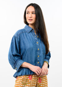 DENIM JACKET SHIRT W/ RUFFLE PEPLUM-IVY JANE