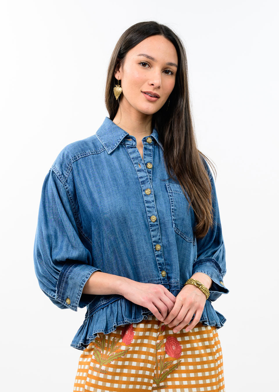 DENIM JACKET SHIRT W/ RUFFLE PEPLUM-IVY JANE