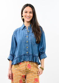DENIM JACKET SHIRT W/ RUFFLE PEPLUM-IVY JANE