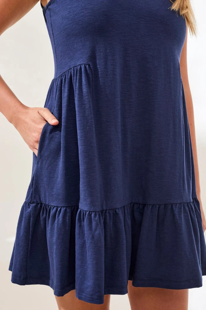 SOFT SLUB KNIT SLEEVELESS V-NECK DRESS-JET BLUE-TRIBAL