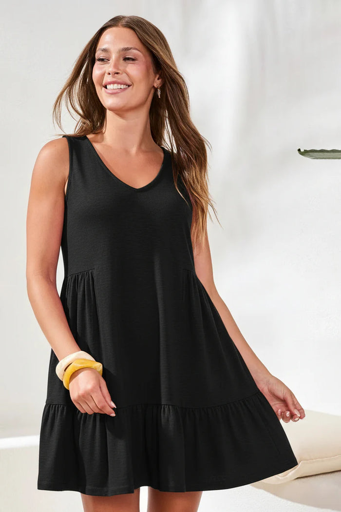 SOFT SLUB KNIT SLEEVELESS V-NECK DRESS-BLACK-TRIBAL