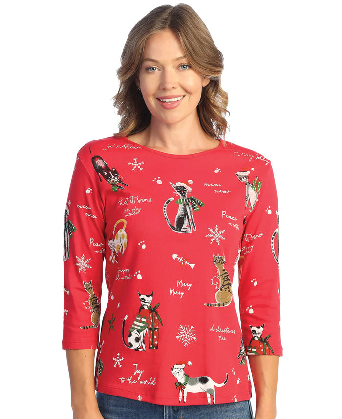 MEOW CHRISTMAS 3/4 SLEEVE COTTON TEE-JESS AND JANE