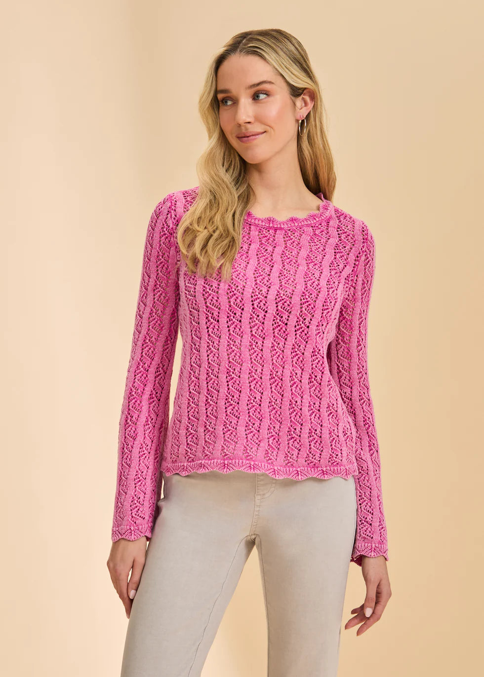 OPEN WEAVE LONG SLEEVE SWEATER-FUSCHIA-FDJ FRENCH DRESSING