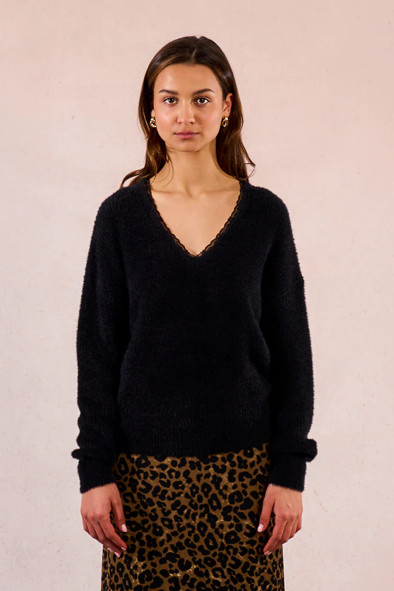 KNITTED V-NECK SWEATER W/LACE-BLACK-MOLLY BRACKEN