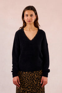 KNITTED V-NECK SWEATER W/LACE-BLACK-MOLLY BRACKEN