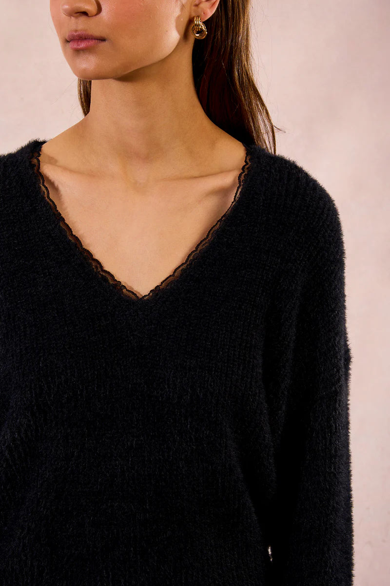 KNITTED V-NECK SWEATER W/LACE-BLACK-MOLLY BRACKEN