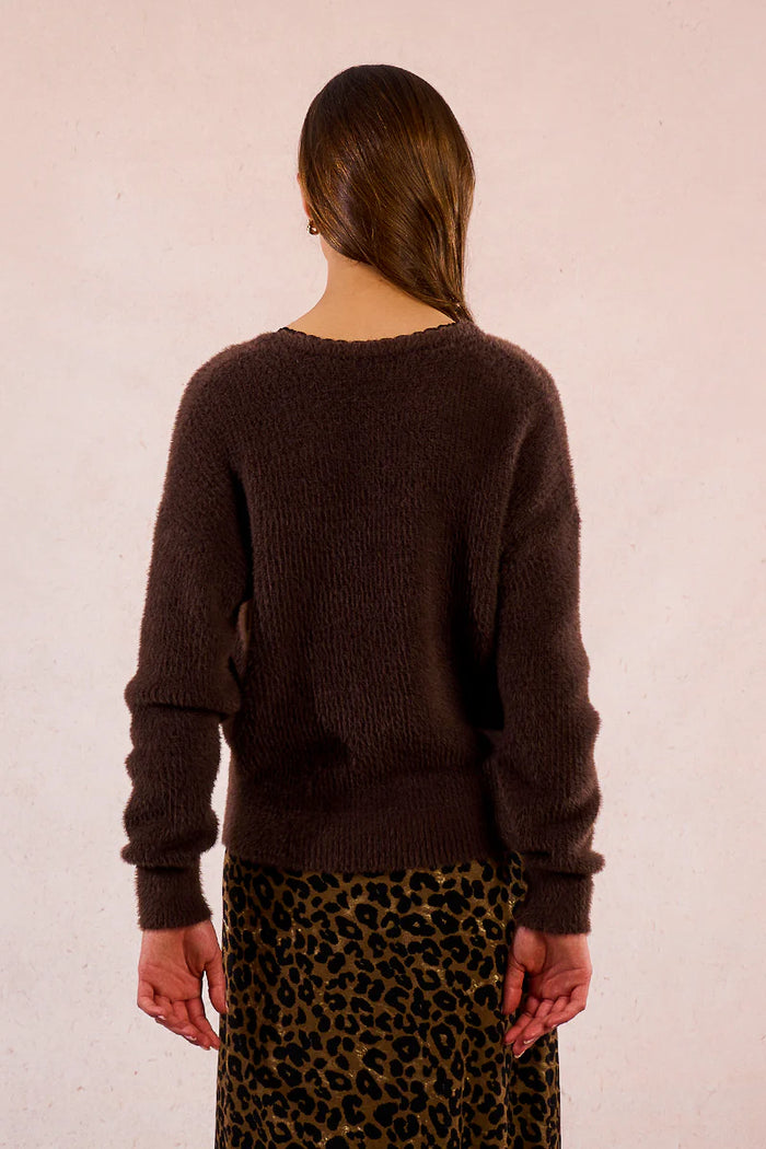KNITTED V-NECK SWEATER W/LACE-CHOCOLATE-MOLLY BRACKEN