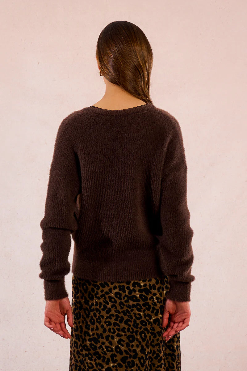 KNITTED V-NECK SWEATER W/LACE-CHOCOLATE-MOLLY BRACKEN