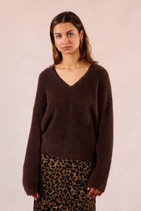 KNITTED V-NECK SWEATER W/LACE-CHOCOLATE-MOLLY BRACKEN