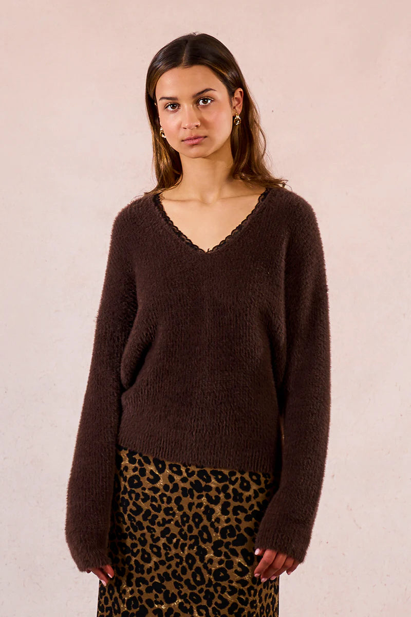 KNITTED V-NECK SWEATER W/LACE-CHOCOLATE-MOLLY BRACKEN