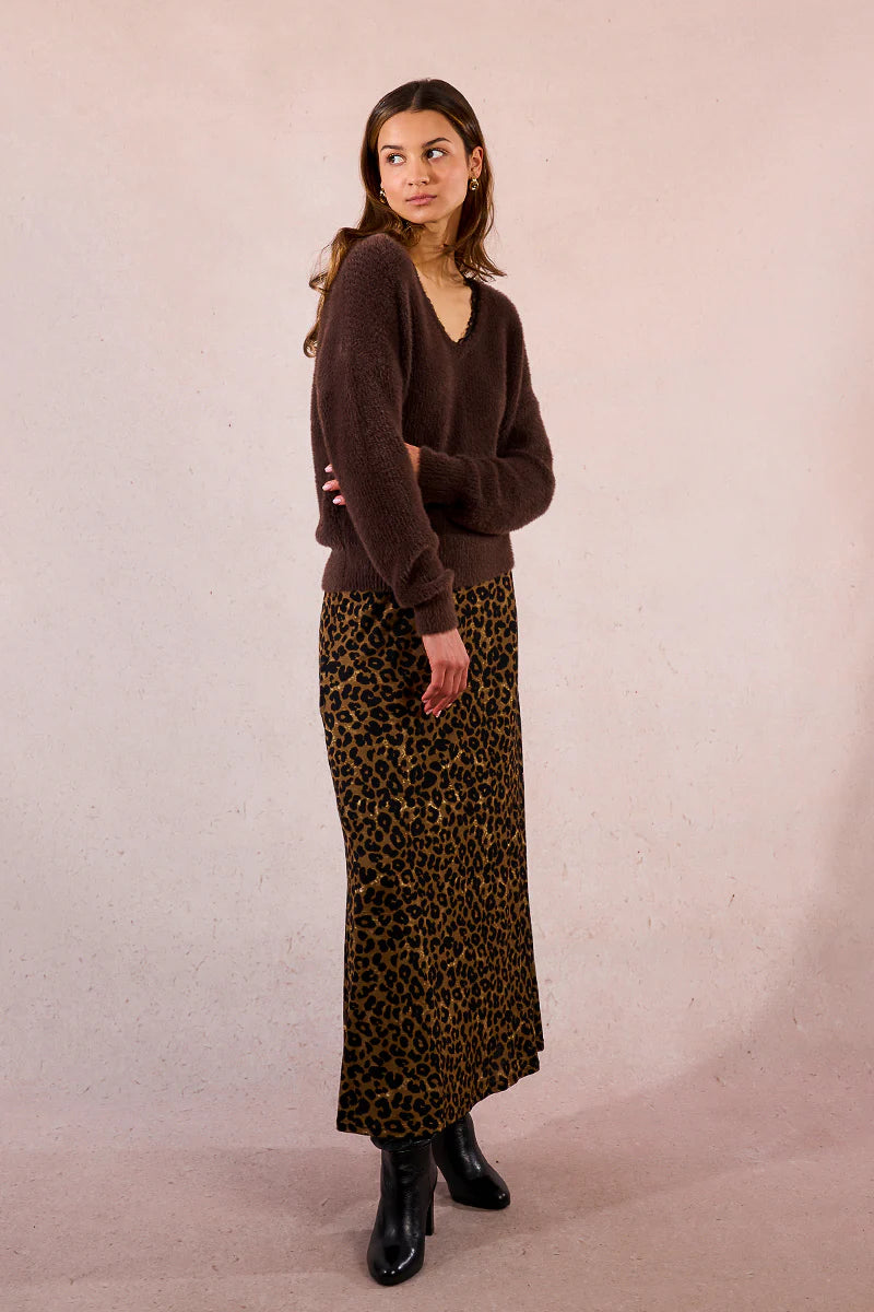 KNITTED V-NECK SWEATER W/LACE-CHOCOLATE-MOLLY BRACKEN