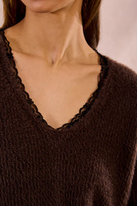 KNITTED V-NECK SWEATER W/LACE-CHOCOLATE-MOLLY BRACKEN