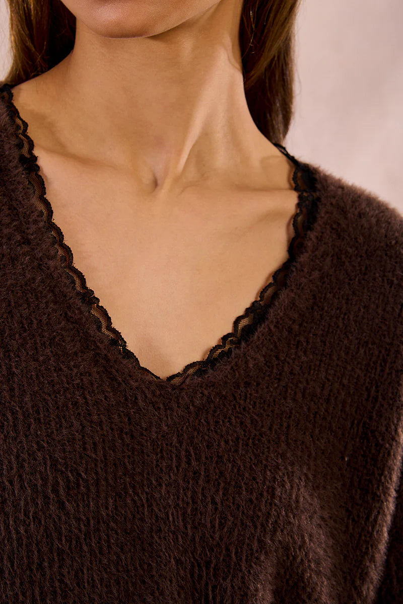 KNITTED V-NECK SWEATER W/LACE-CHOCOLATE-MOLLY BRACKEN