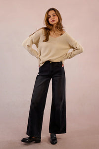 LADIES V-NECK KNITTED SWEATER-CREAM-MOLLY BRACKEN