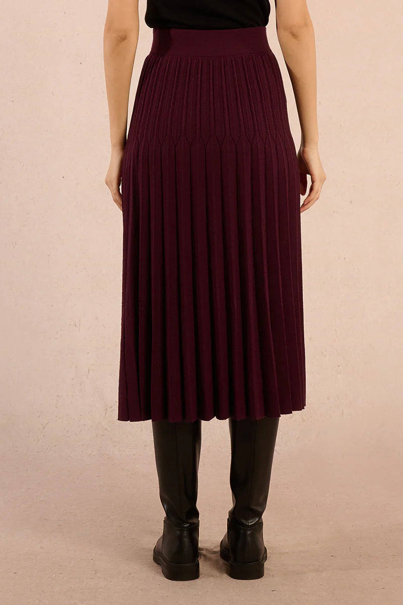LADIES KNITTED PLEAT SKIRT-DARK RED-MOLLY BRACKEN