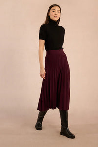 LADIES KNITTED PLEAT SKIRT-DARK RED-MOLLY BRACKEN