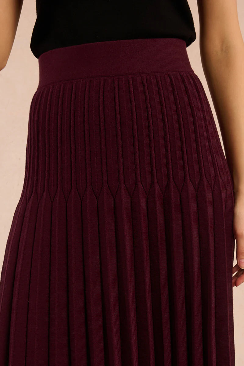 LADIES KNITTED PLEAT SKIRT-DARK RED-MOLLY BRACKEN