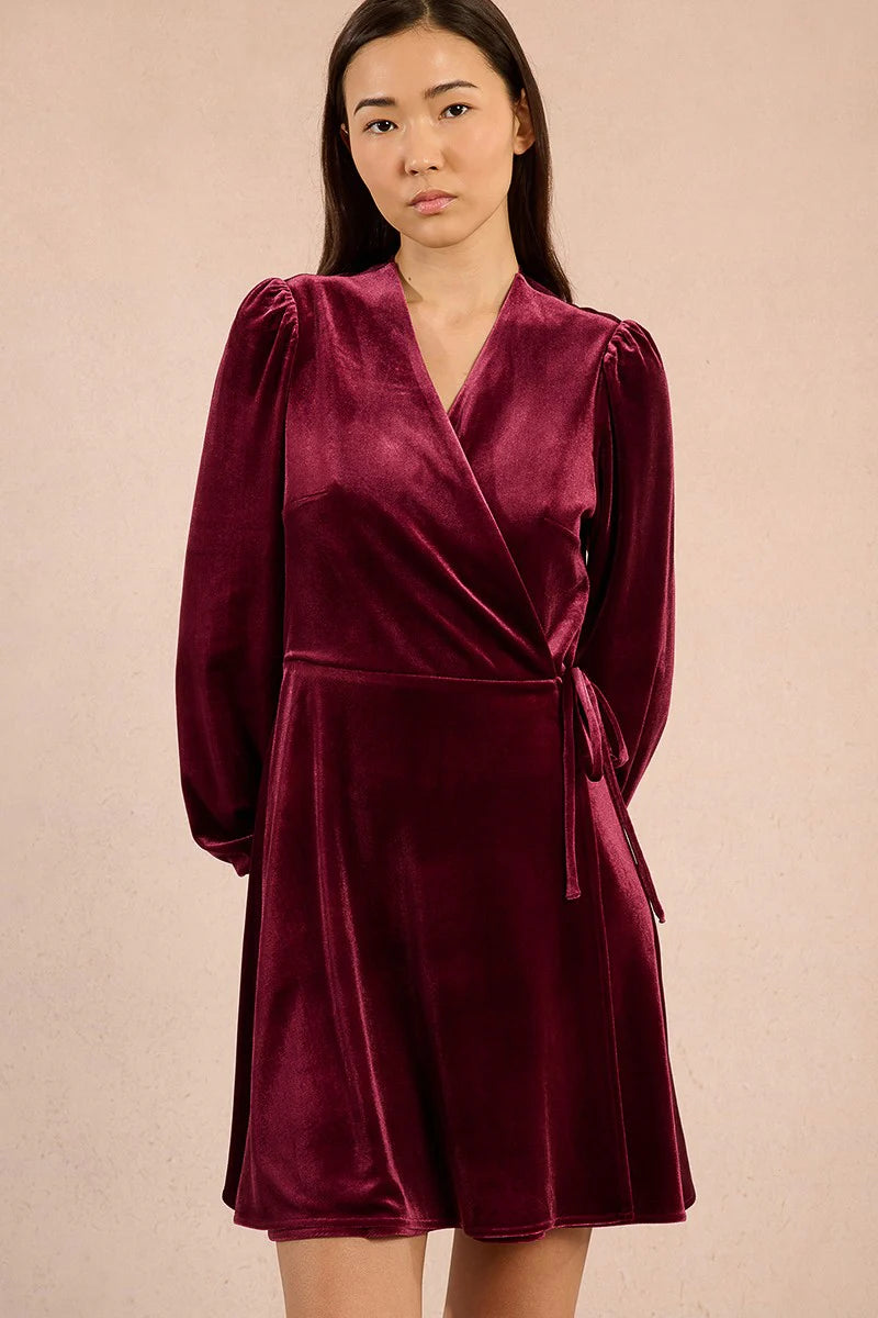 FAUX WRAP VELVET DRESS-DARK RED-MOLLY BRACKEN