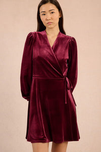FAUX WRAP VELVET DRESS-DARK RED-MOLLY BRACKEN