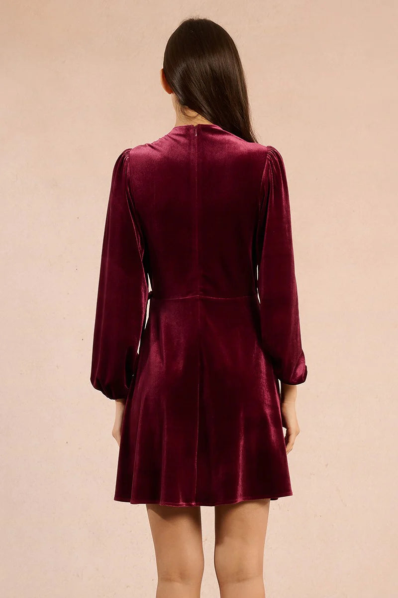 FAUX WRAP VELVET DRESS-DARK RED-MOLLY BRACKEN