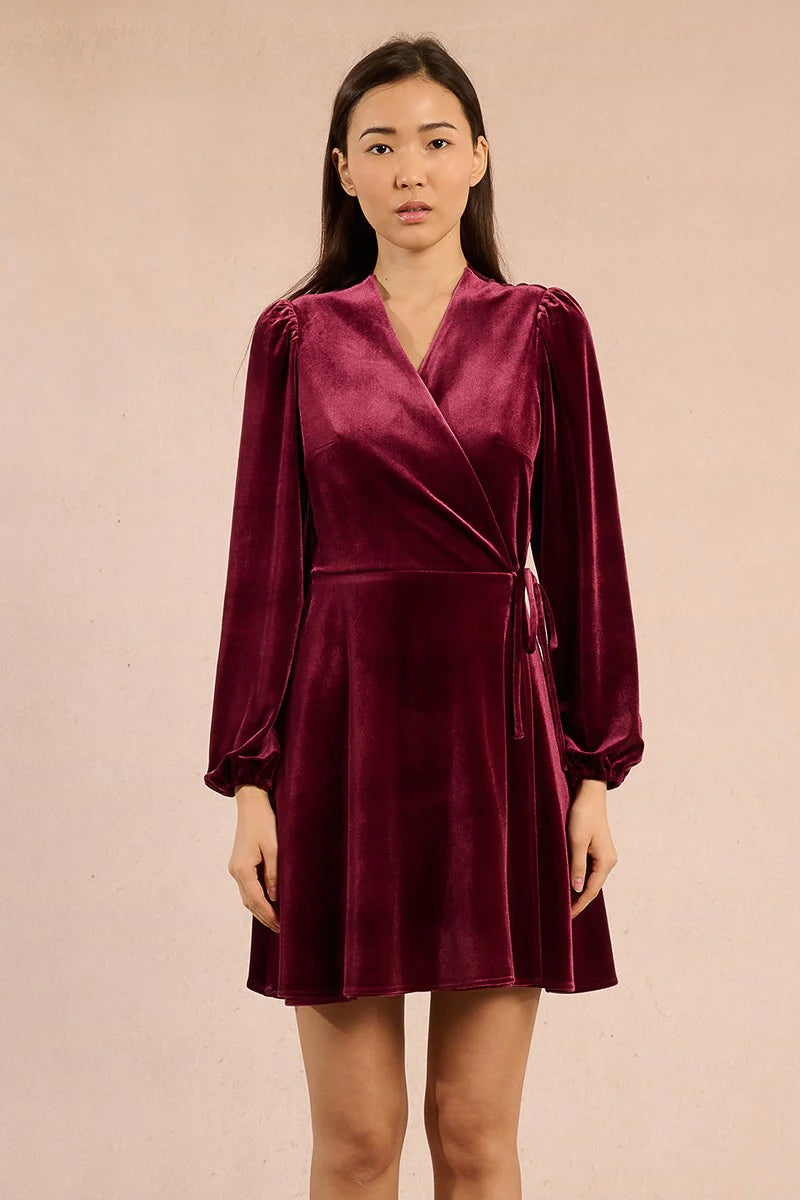 FAUX WRAP VELVET DRESS-DARK RED-MOLLY BRACKEN