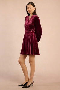FAUX WRAP VELVET DRESS-DARK RED-MOLLY BRACKEN