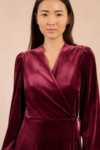 FAUX WRAP VELVET DRESS-DARK RED-MOLLY BRACKEN