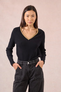 KNIT V-NECK SWEATER WITH GOLD DETAIL-OFF WHITE-MOLLY BRACKEN