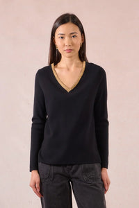 KNIT V-NECK SWEATER WITH GOLD DETAIL-OFF WHITE-MOLLY BRACKEN