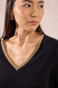 KNIT V-NECK SWEATER WITH GOLD DETAIL-OFF WHITE-MOLLY BRACKEN