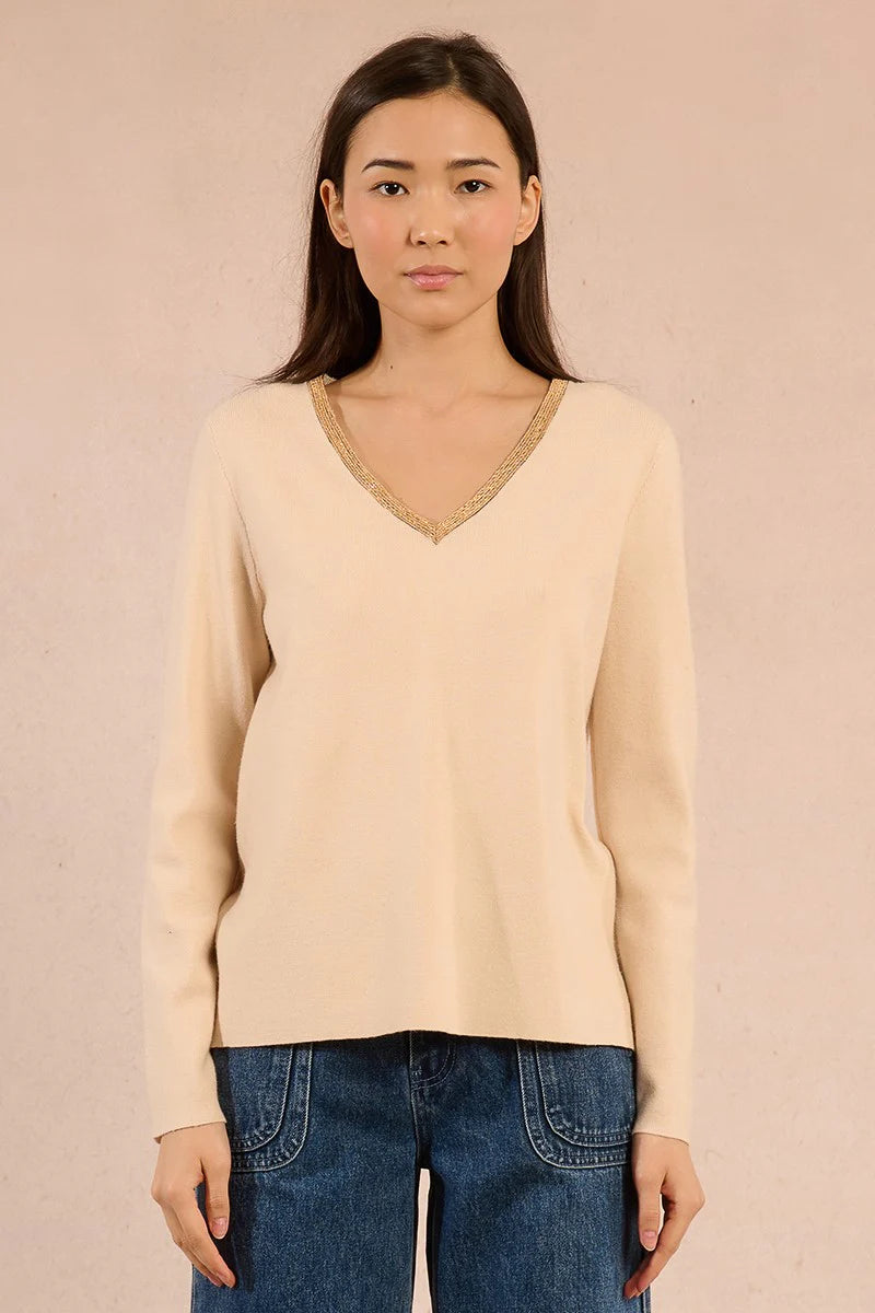 KNIT V-NECK SWEATER WITH GOLD DETAIL-OFF WHITE-MOLLY BRACKEN
