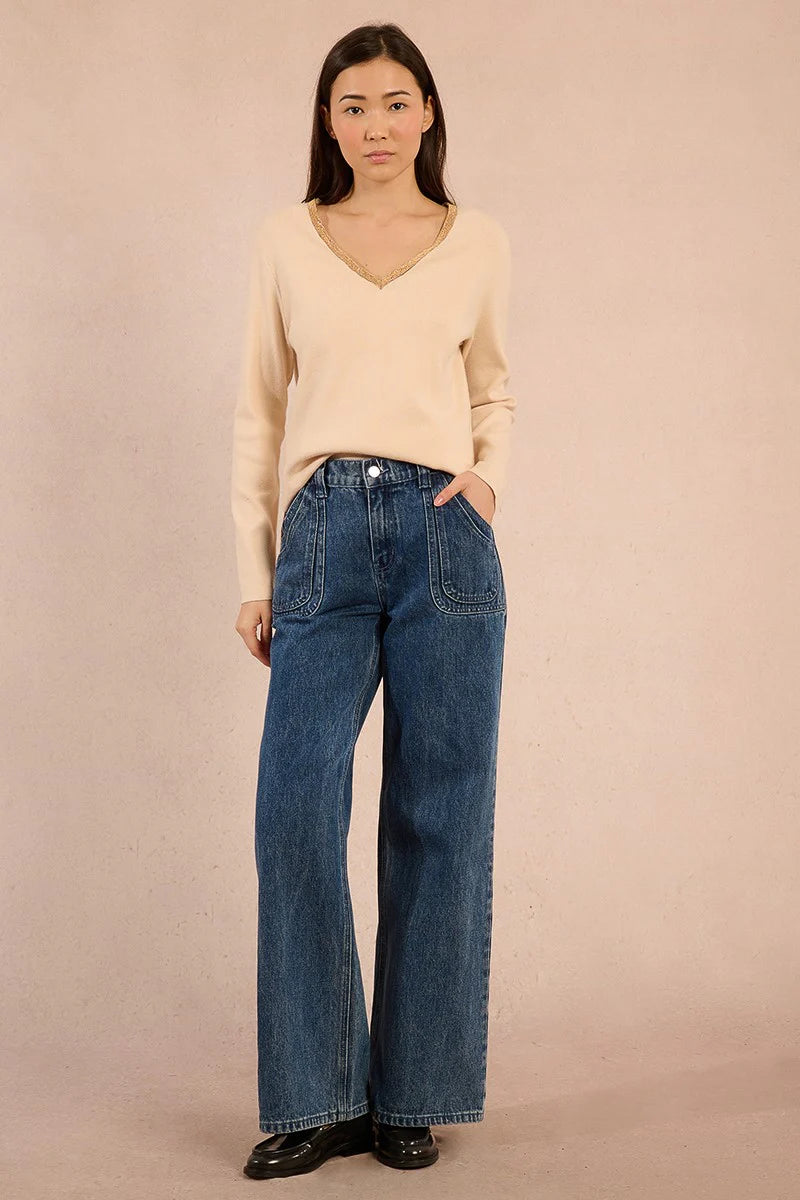 KNIT V-NECK SWEATER WITH GOLD DETAIL-OFF WHITE-MOLLY BRACKEN