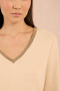 KNIT V-NECK SWEATER WITH GOLD DETAIL-OFF WHITE-MOLLY BRACKEN