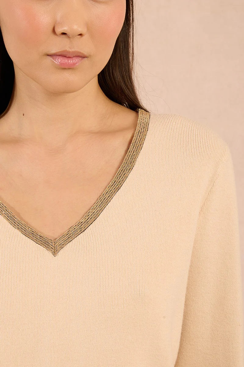 KNIT V-NECK SWEATER WITH GOLD DETAIL-OFF WHITE-MOLLY BRACKEN