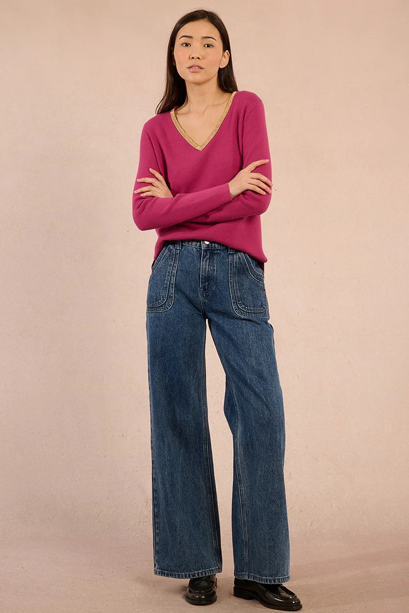 KNIT V-NECK SWEATER WITH GOLD DETAIL-BOUGAINVILLIER-MOLLY BRACKEN