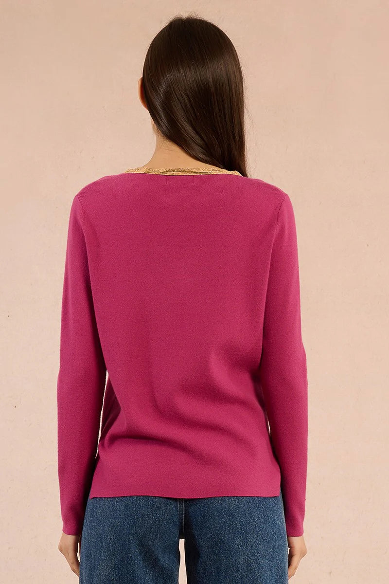 KNIT V-NECK SWEATER WITH GOLD DETAIL-BOUGAINVILLIER-MOLLY BRACKEN