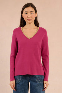 KNIT V-NECK SWEATER WITH GOLD DETAIL-BOUGAINVILLIER-MOLLY BRACKEN