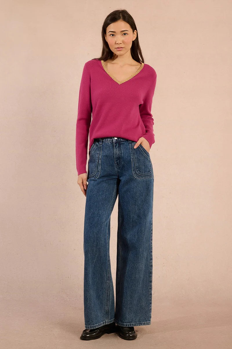 KNIT V-NECK SWEATER WITH GOLD DETAIL-BOUGAINVILLIER-MOLLY BRACKEN