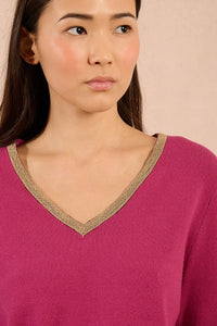 KNIT V-NECK SWEATER WITH GOLD DETAIL-BOUGAINVILLIER-MOLLY BRACKEN