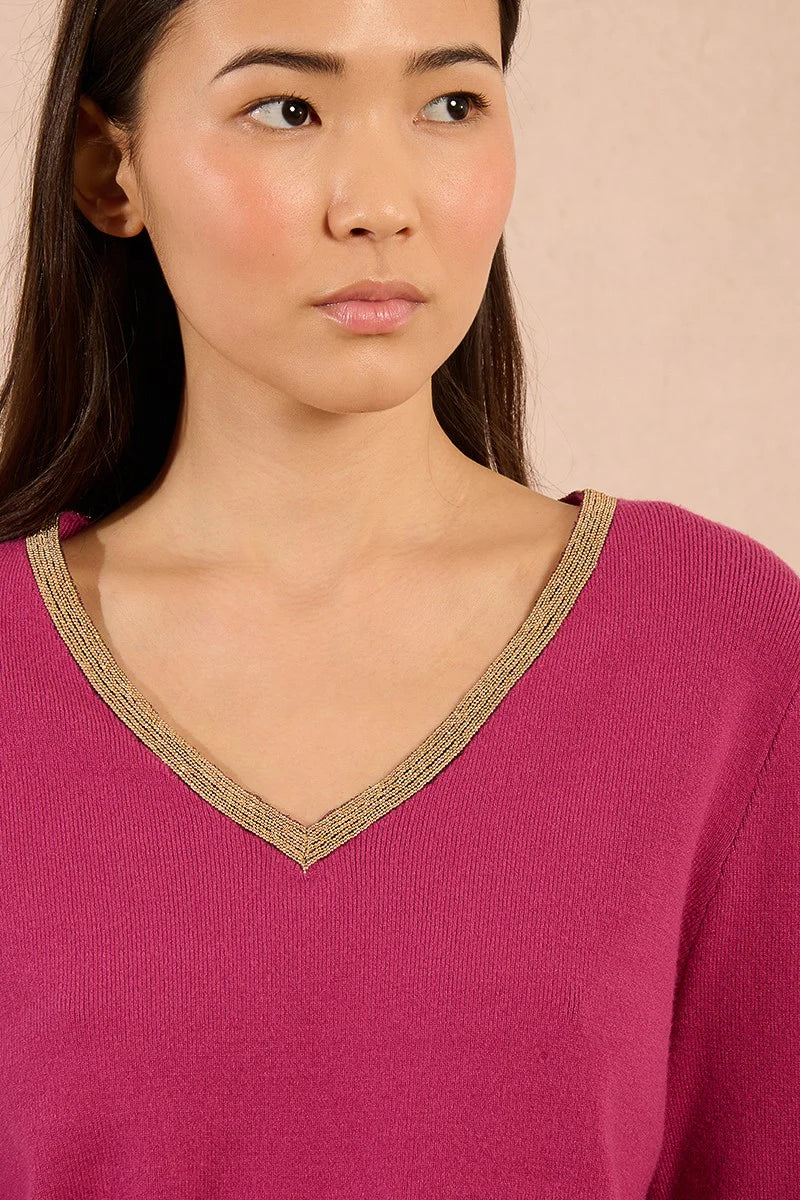 KNIT V-NECK SWEATER WITH GOLD DETAIL-BOUGAINVILLIER-MOLLY BRACKEN